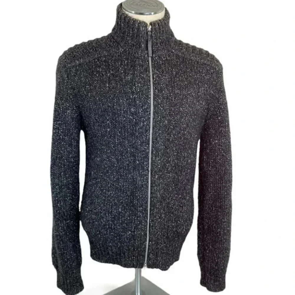 Calvin Klein Jeans Full Zip Sweater Small Gray Marled Wool Blend Mock Neck Mock‎